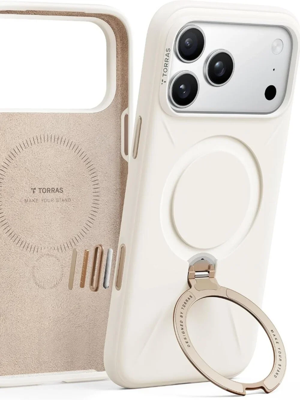 TORRAS Q3 iPhone 17 Pro Case MagSafe 360 Spin Kickstand Silicone Light Ivory